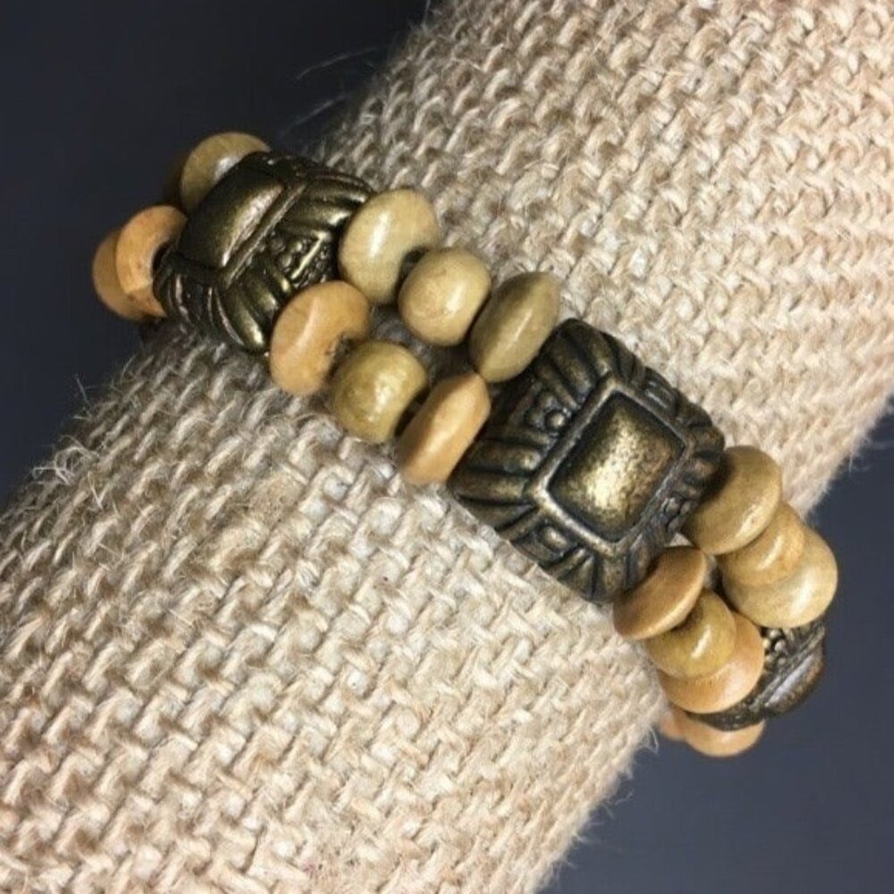 Wooden Bead Stretch Bracelet Bronze Exotic Brown Retro BoHo hippie 80s 90s Y2K